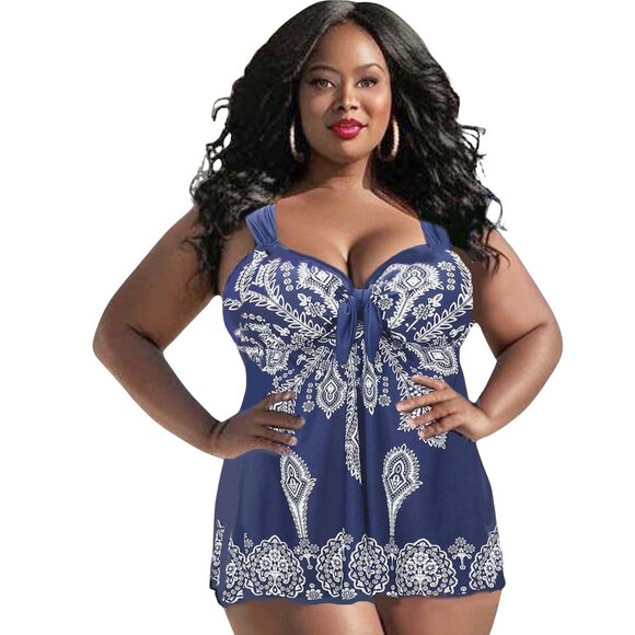 Plus Paisley Print 2Pc Swimdress Womens Size 20 Blue Wide Strap 2X Swimsuit - Picture 7 of 9